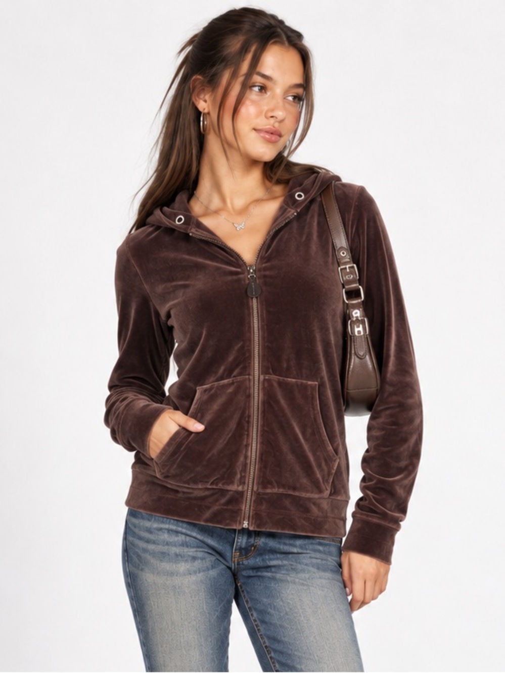 Eddie Bauer Brown Velour Full Zip Hoodie Jacket Size Medium